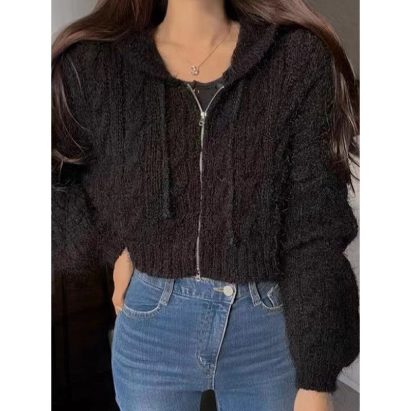 Soft Glutinous Niche Zipper Hooded Thickened Sweater