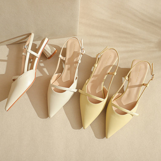Women's Chunky Heel Low Heel Pointed Leather Stitching Fashion Sandals