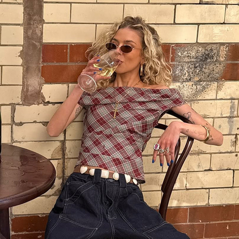 New Plaid Slanted-collar Slim-fit Figure-flattering Short-sleeve T-shirt