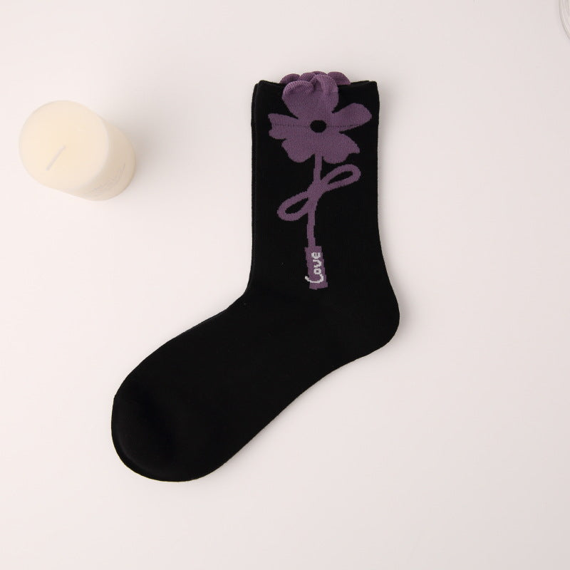 Bow three-dimensional flower cotton socks checkerboard rabbit