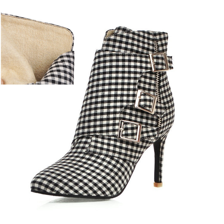 Women's Plaid Short High Heels Knight Boots