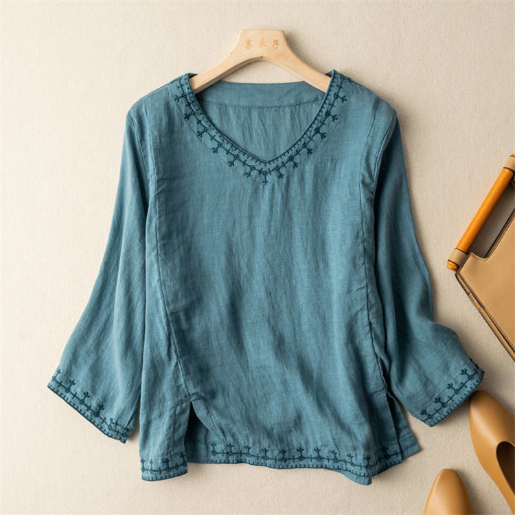 Seven-part Sleeve Embroidered Cotton Linen Top