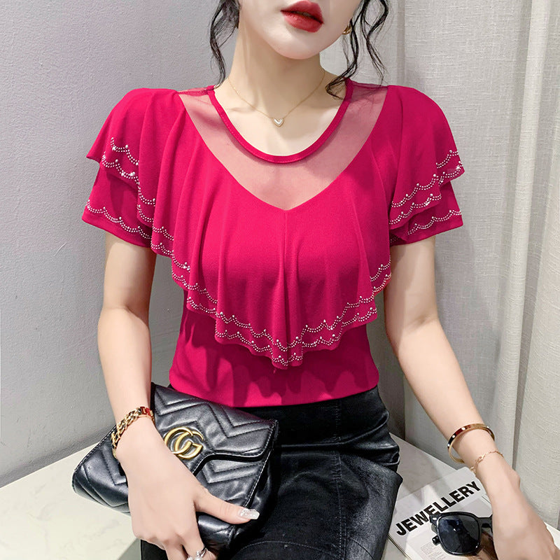 Heavy Embroidery Hot Drilling Fashion V-neck Flounce Diamond Short Sleeve Women