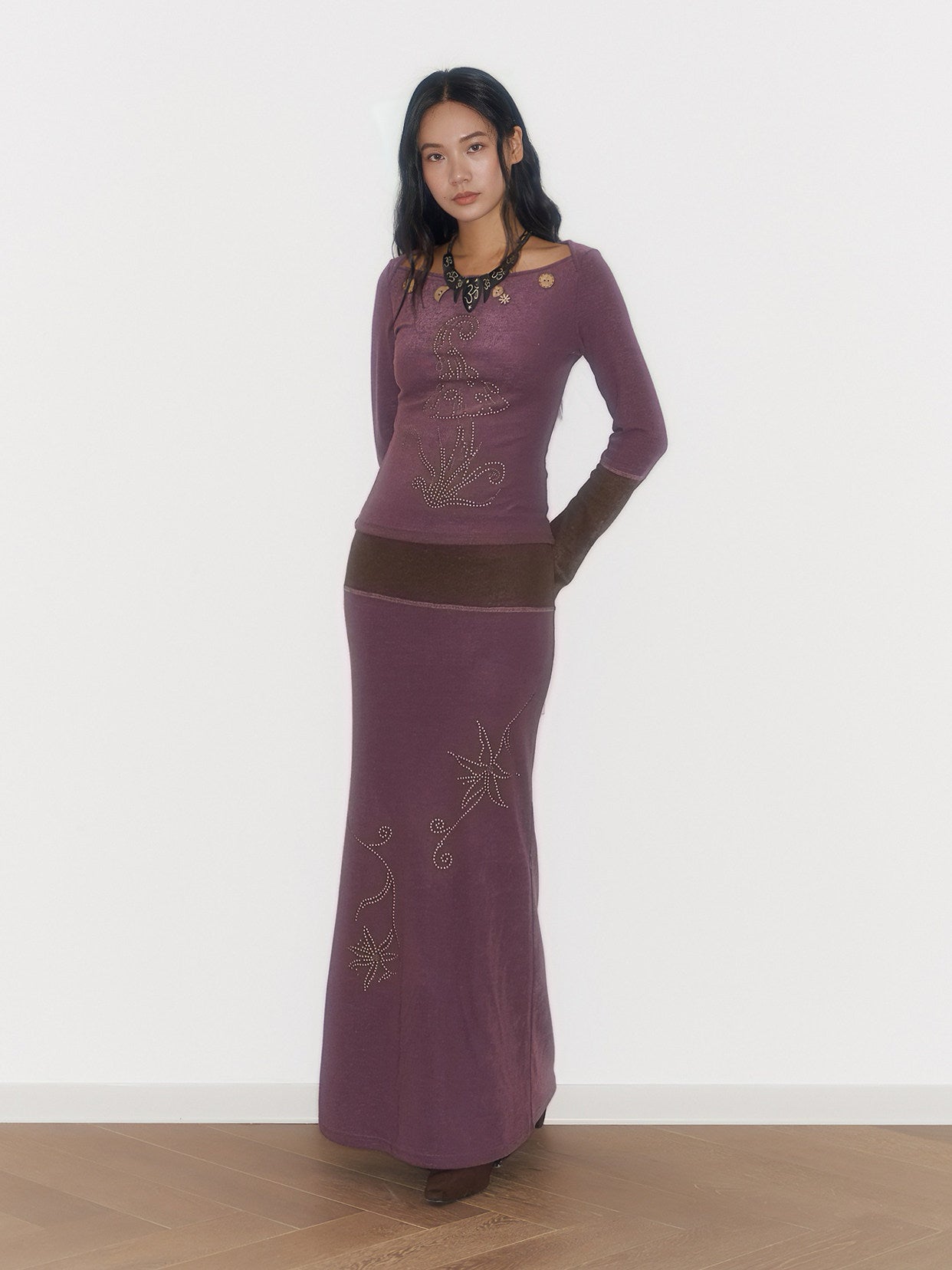 Purple And Coffee-Colored Soft Cozy Towel-Weave Base-Layer Set Dress In A Botanical Style For FallWinter