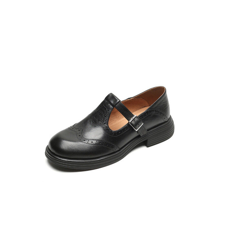 Women's Carved Chunky Heel Platform Round Toe Leather Shoes