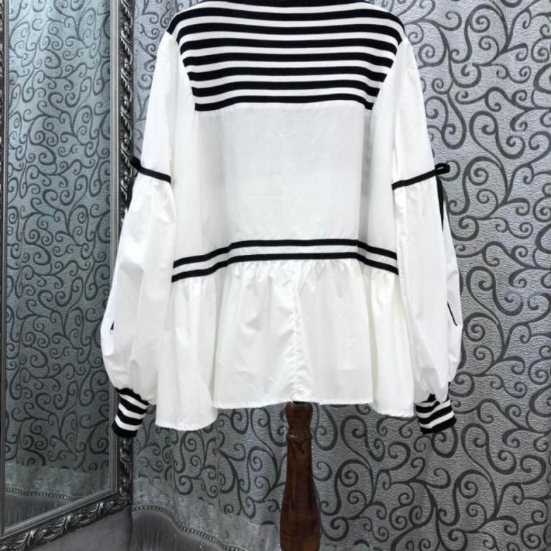Striped Top Drawstring Long Sleeve Inner Wear Loose Shirt
