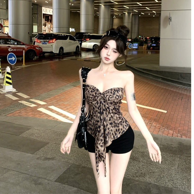 Sexy Leopard Print Back Twist Tube Top Vest