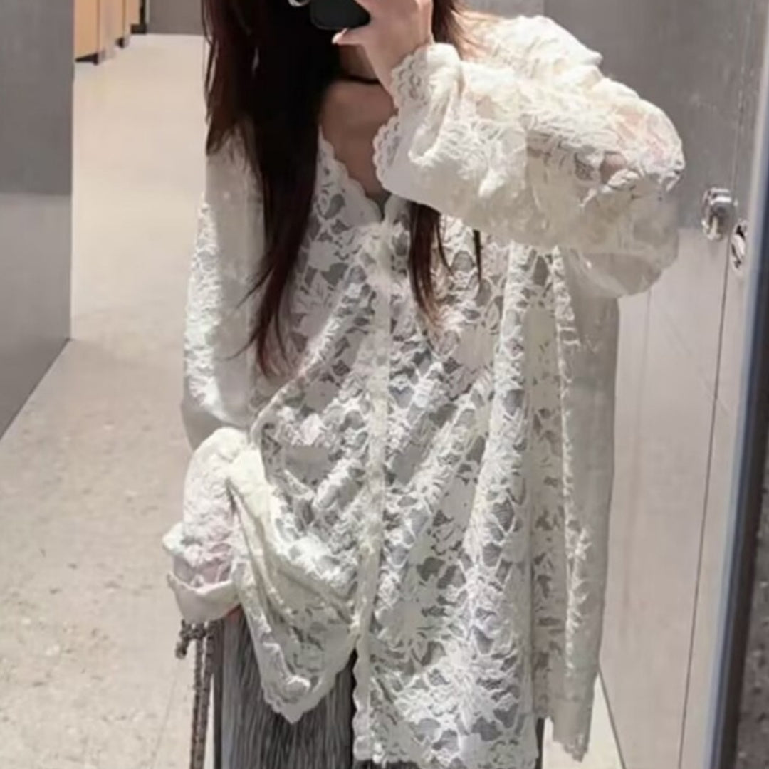 Womens V-neck Hollow-Out Crochet Long-Sleeve Lace Shirt