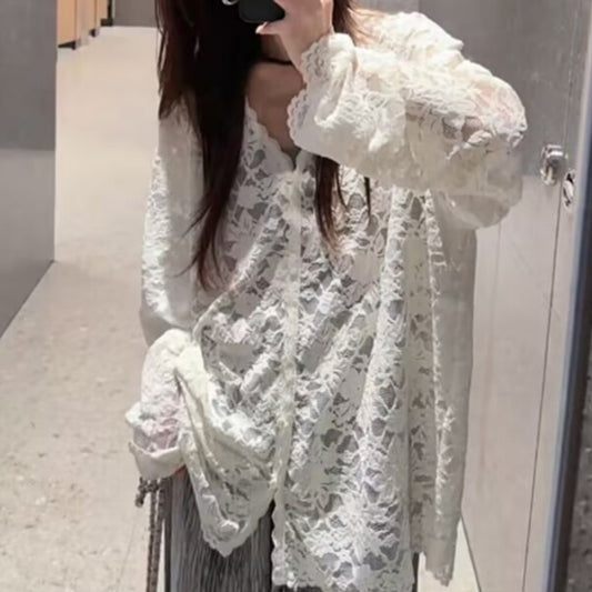 Womens V-neck Hollow-Out Crochet Long-Sleeve Lace Shirt