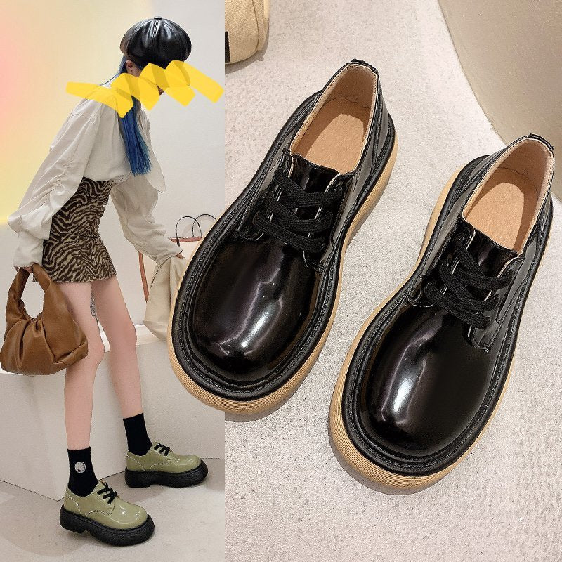 British Style Small Leather Shoes Women's Spring New Patent Leather Lace-up Platform Shallow Mouth Single Shoes Loafers
