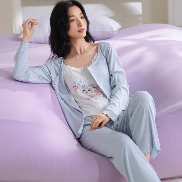 Threaded Colored Cotton Bra-padded Camisole Three-piece Set