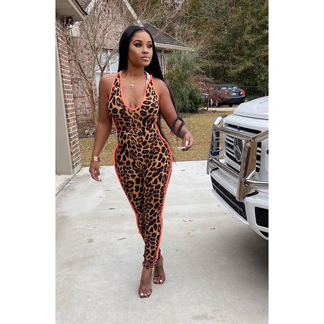 Women's Deep V Leopard Splicing Slim Vest Jumpsuit