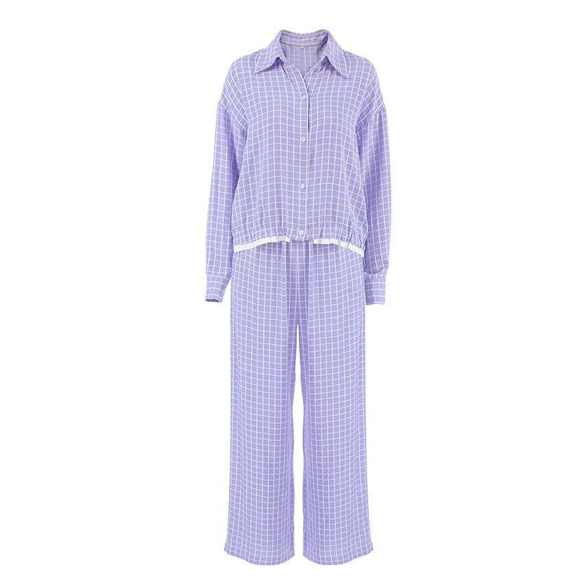 Purple Plaid Loose Cozy Soft Long-Sleeve Pajama Set With Pants