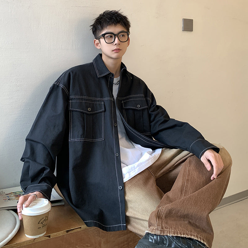 Men's Bright Line Tooling Jacket Japanese Solid Color Shirt Coat