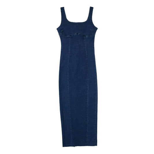 Women's French Style Slim Fit Backless Back Slit Sling Denim Long Dress
