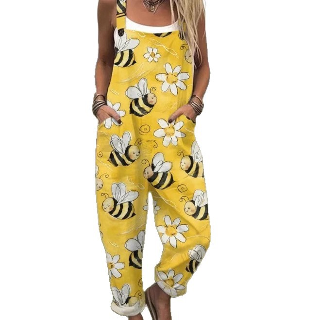 Women's Fresh And Sweet Digital Print Button Suspender Casual Pants