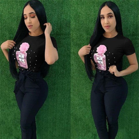 Women's Summer Pearl Sequin Applique T-Shirt Short Sleeve