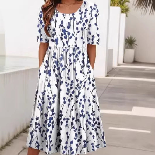 Womens Round-Neck Mid-Waist Printed Swing Dress