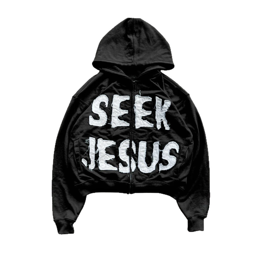 European And American Style Letter Printed Hoodie Zipper Cardigan Loose Hip Hop Sweater