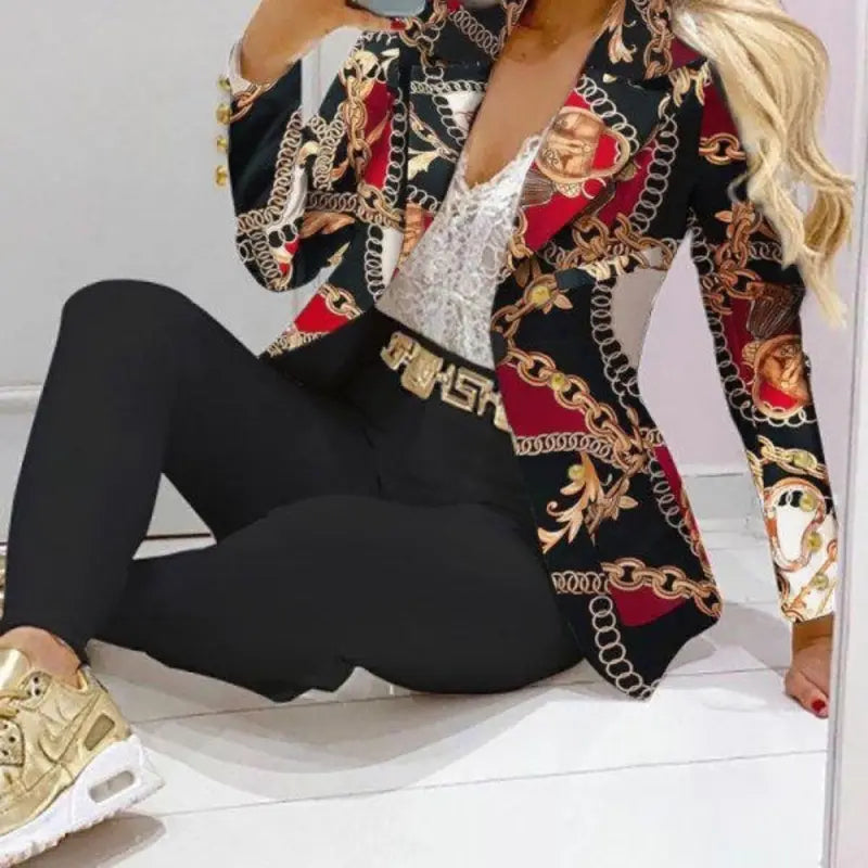 European And American Print Women's Double Breasted Blazer