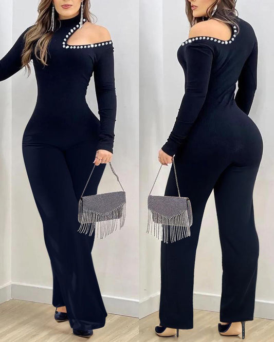 Dame jumpsuit med udskæring og rhinsten i slim fit