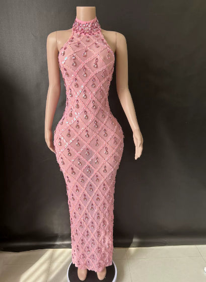 Shimmering Rhinestone High-neck Sleeveless Sexy Mesh Sheer Plaid Evening Gown