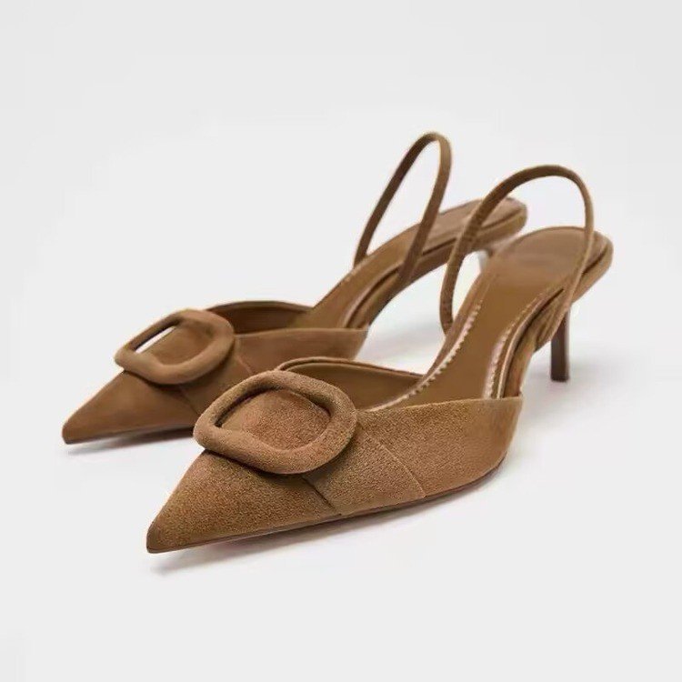 Spring New Arrival Women's Square Buckle Pointed Toe High Heels, Closed Toe Backless Mules Sandals In Brown