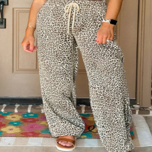 Brown Leopard Drawstring Elastic Waistband Loose Pants