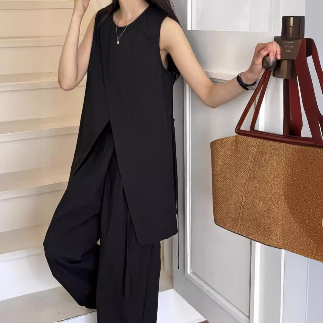 Split Sleeveless Lace-up Top High Waist Wide Leg Pants Two-piece Set