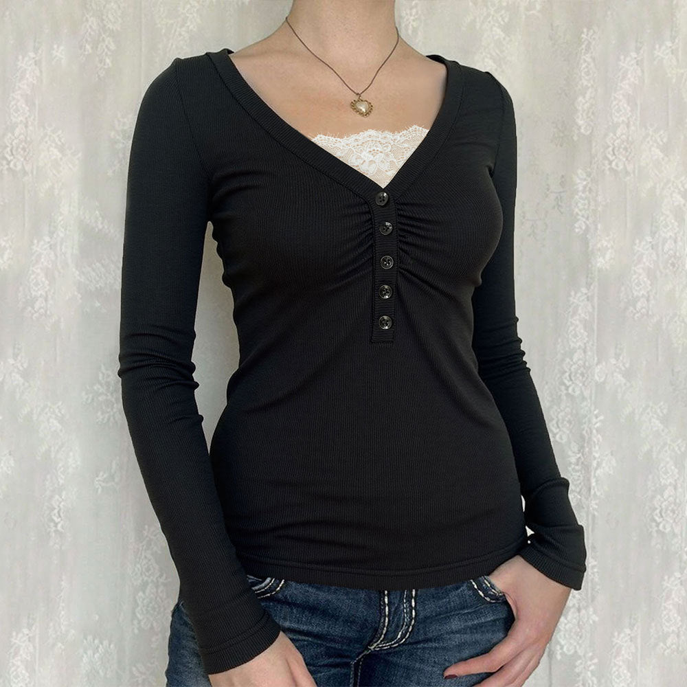 French Knit Chest Pleat Design Slim Sexy V-neck Top
