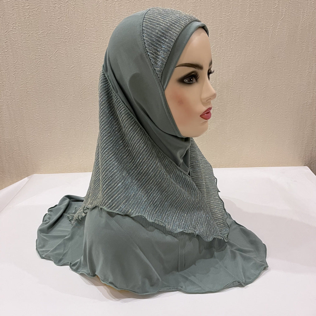 Malay Women's Crystal Ma Gold Silk Stitching Veil Hat Headscarf