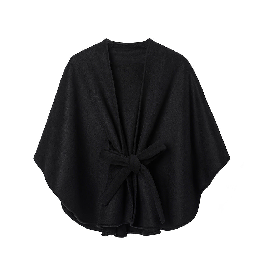 New Double-faced Woolen Goods Black Belt Shawl