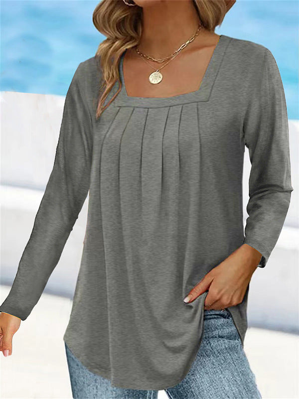 Women's Pleated Square Collar Long Sleeve Imitation Cotton Large Size T-shirt