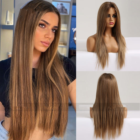 High-temperature Fiber Medium Brown Long Straight Hair Women's Wig