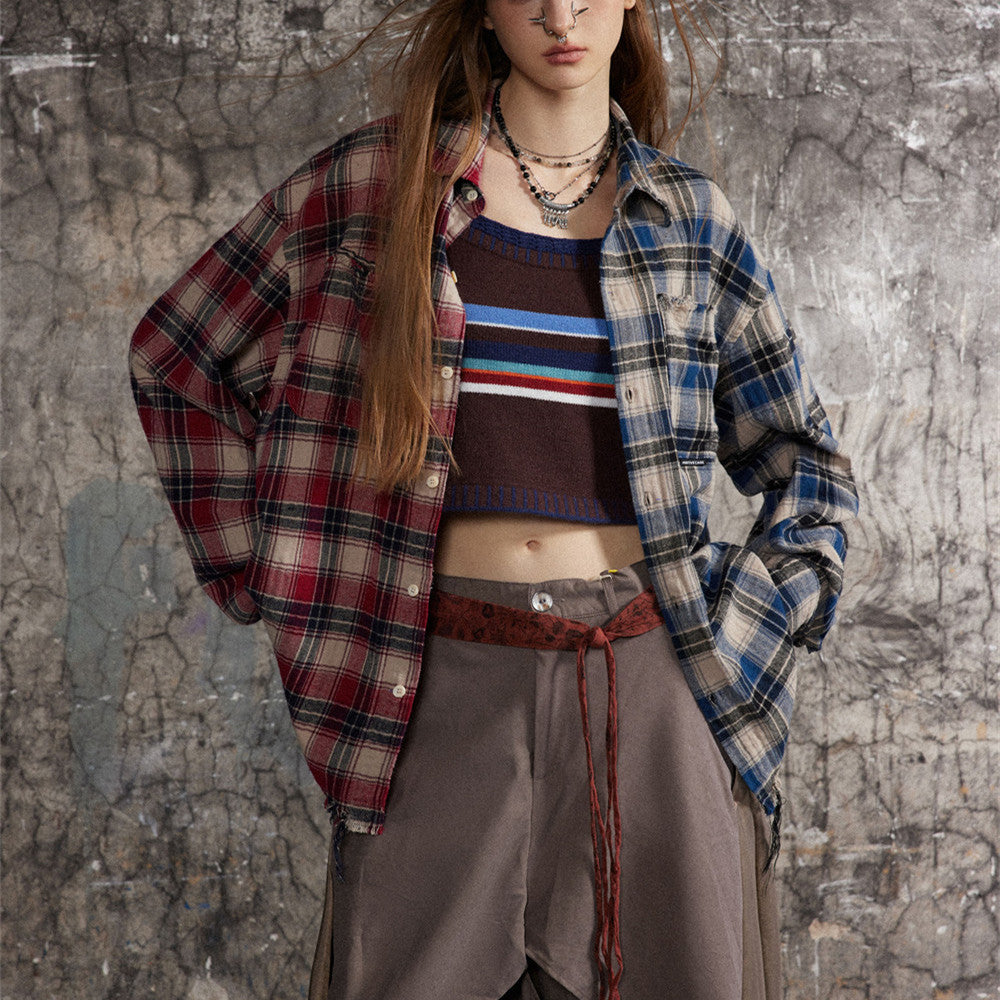 Fashion Color Contrast Stitching Plaid Shirt For Men