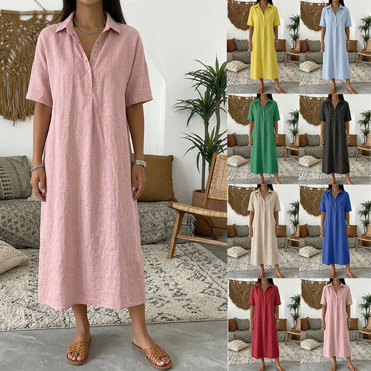 Straight-cut Comfortable Linen Short-sleeve Dress With A Polo Collar