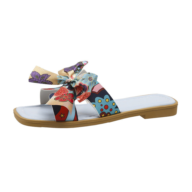 Ribbon Bow Sandaler Sommer Nye Firkantet Tå Lav Hæl Sandal Til Kvinder Slides Mode Afslappede Strandsandaler