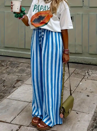 Striped Loose-fit Slimming Casual Wide-leg Floor-length Pants