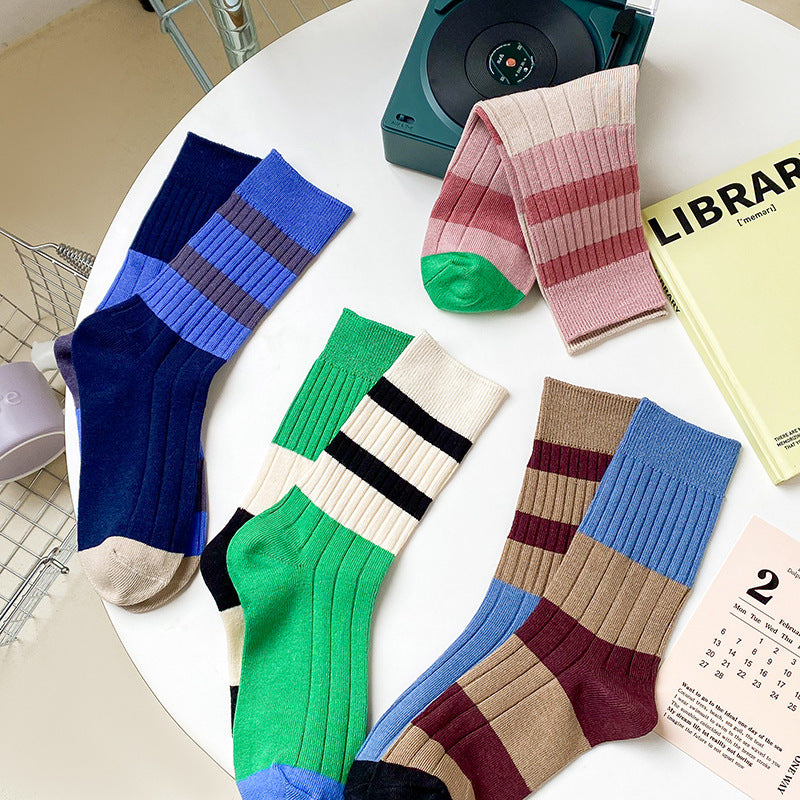 Stripe Contrast Color Tube Socks Color Matching Asymmetric AB Socks