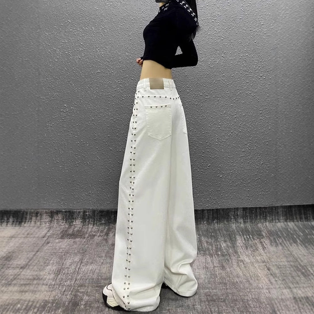 American-style Plus Size Handsome Beaded White Jeans