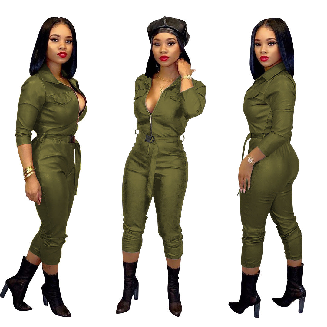 Women's Casual Fashion Solid Color High Elastic Leather Jumpsuit