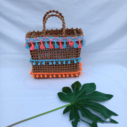Hollow Out Straw Bag Ethnic Style Grid Woven Bag