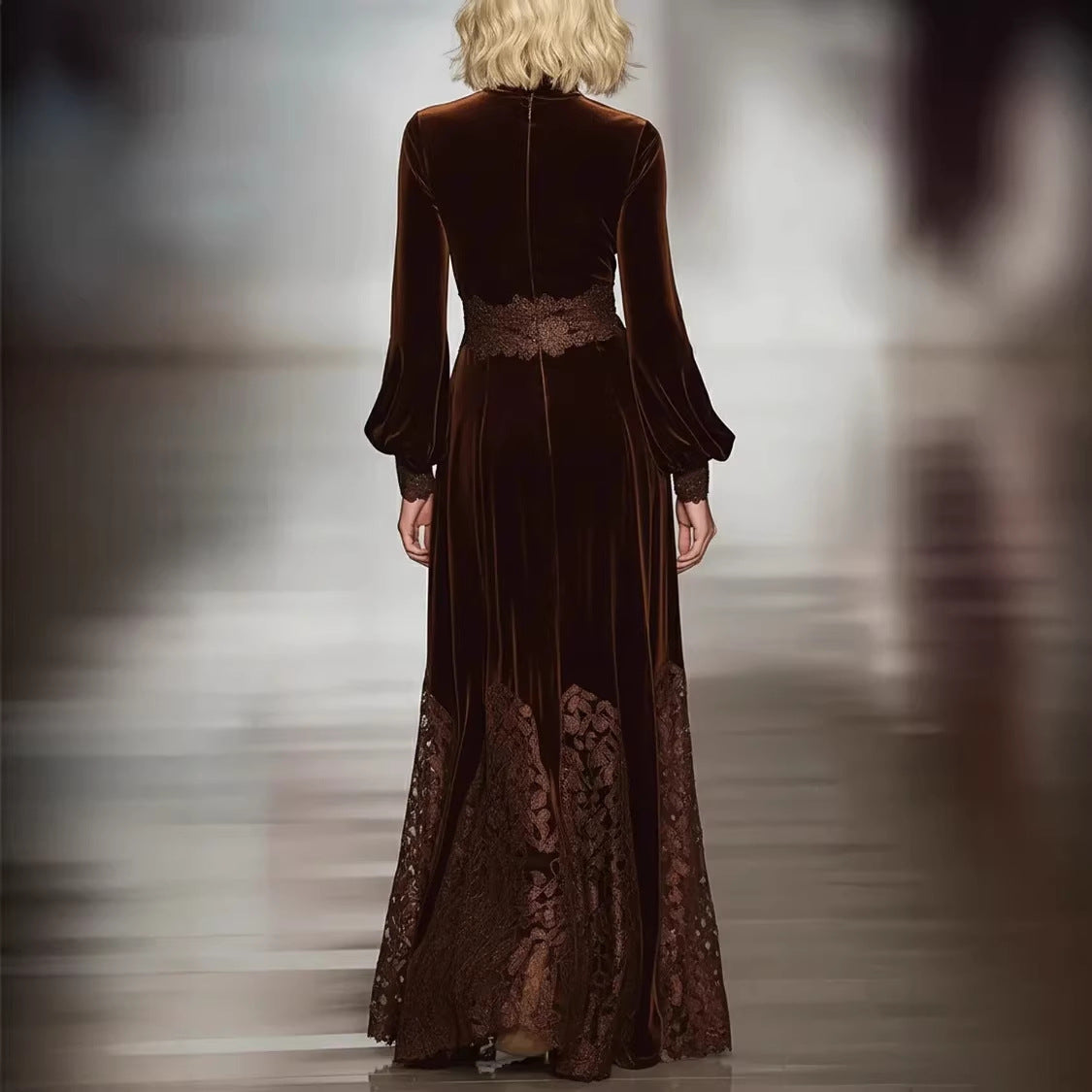 Brown Lace Long-Sleeve Slim-Fit Patchwork Maxi Dress