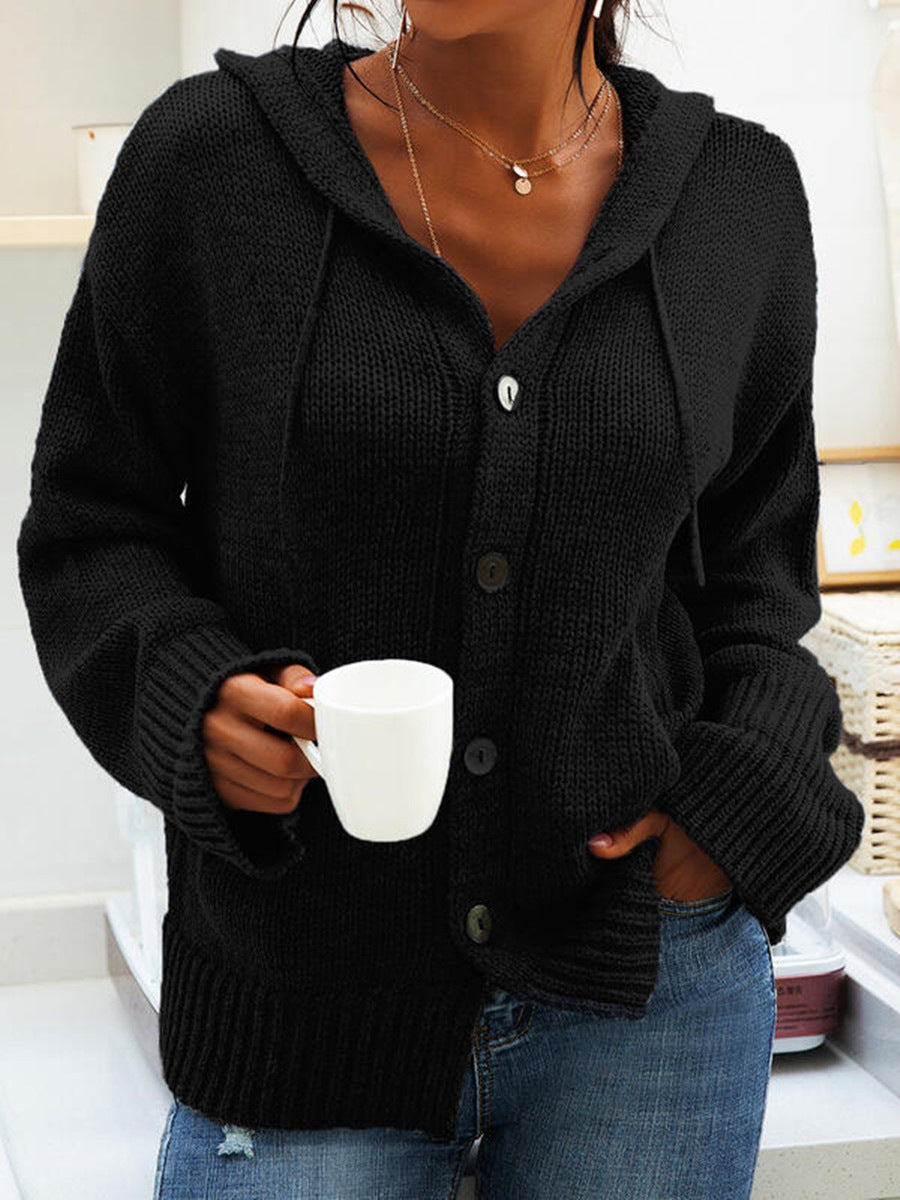 Hooded Knitted Long-sleeved Breasted Cardigan Drawstring Sweater