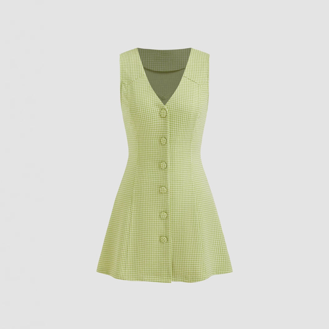 Simple Retro V Neck Buttoned Sleeveless Short Dress For Women