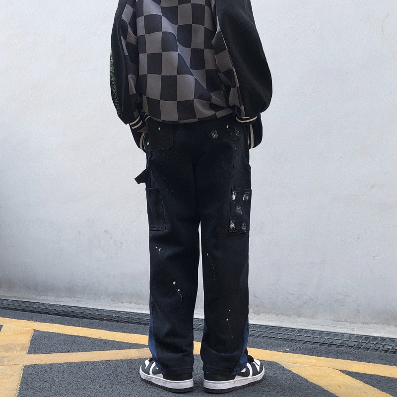 Harajuku-stil tie-dye-gradient spættede lige højtaljede jeans