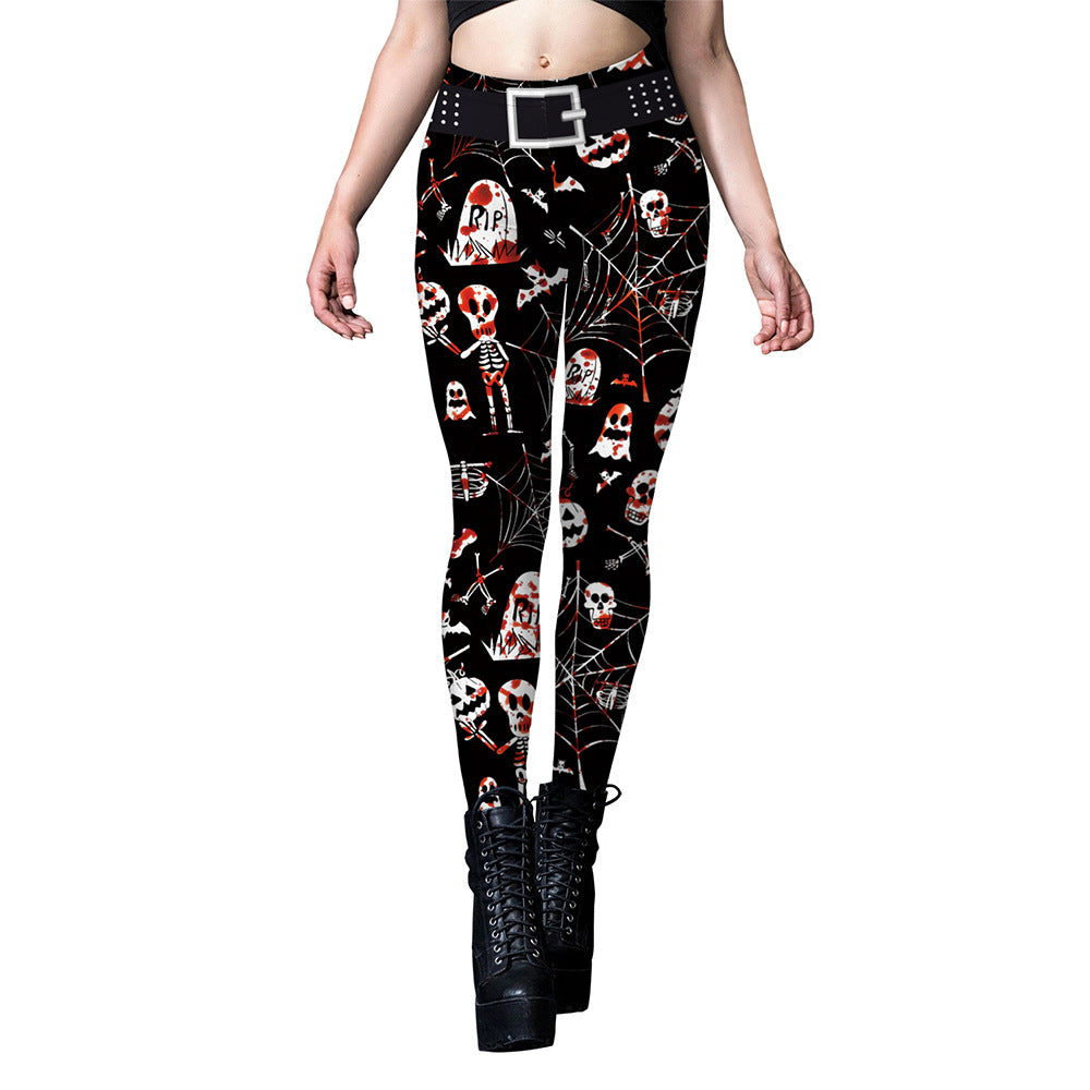 Tætsiddende Leggings med Kraniet-Spindelvevprint