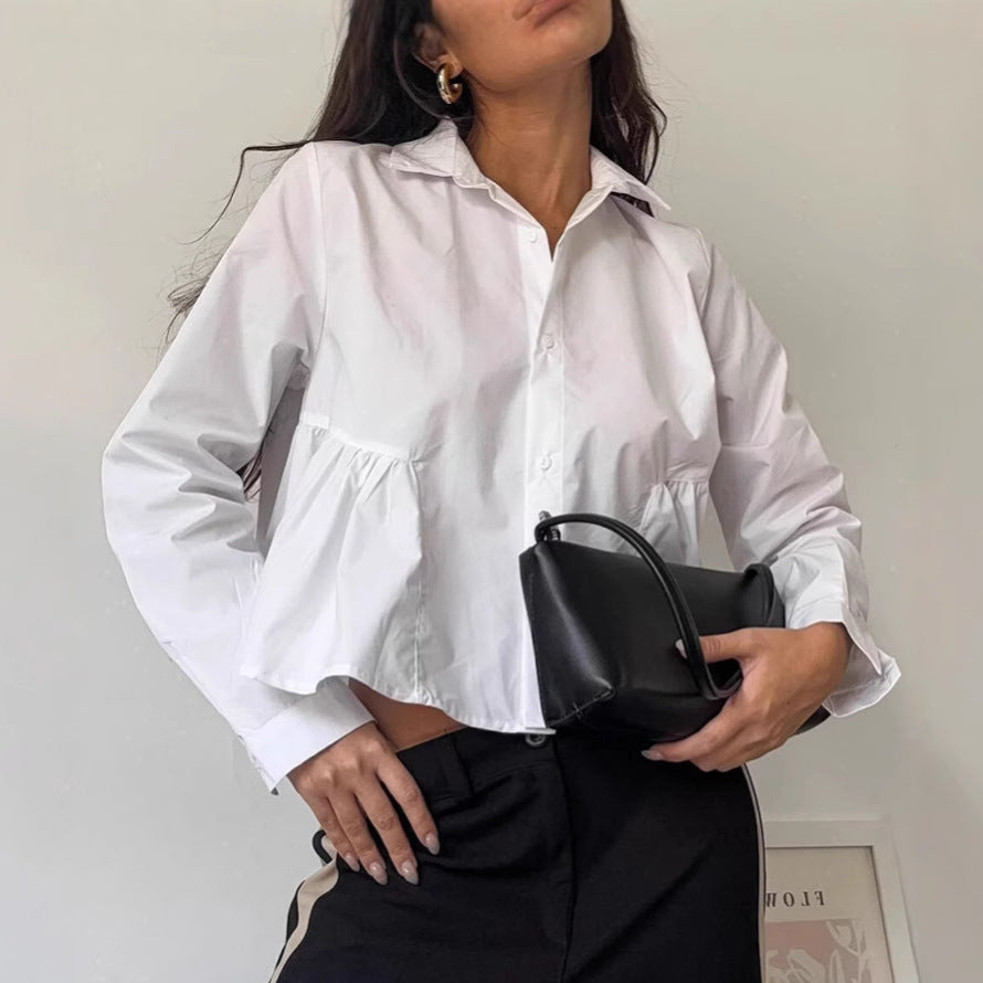 French-style Relaxed-fit White Lapel Shirt For Women