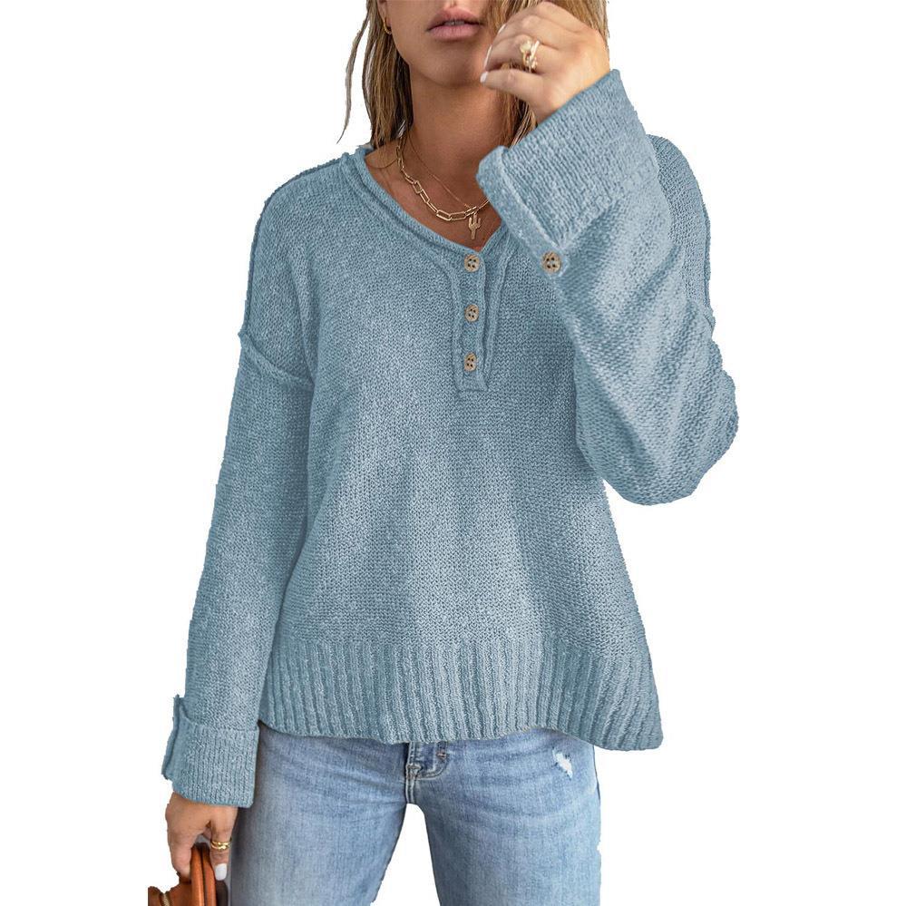 Kvinders nye løse strikkede skuldersweater med knapper