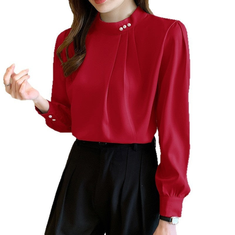 Satin Shirt Women Long Sleeve Beaded Solid Color Loose